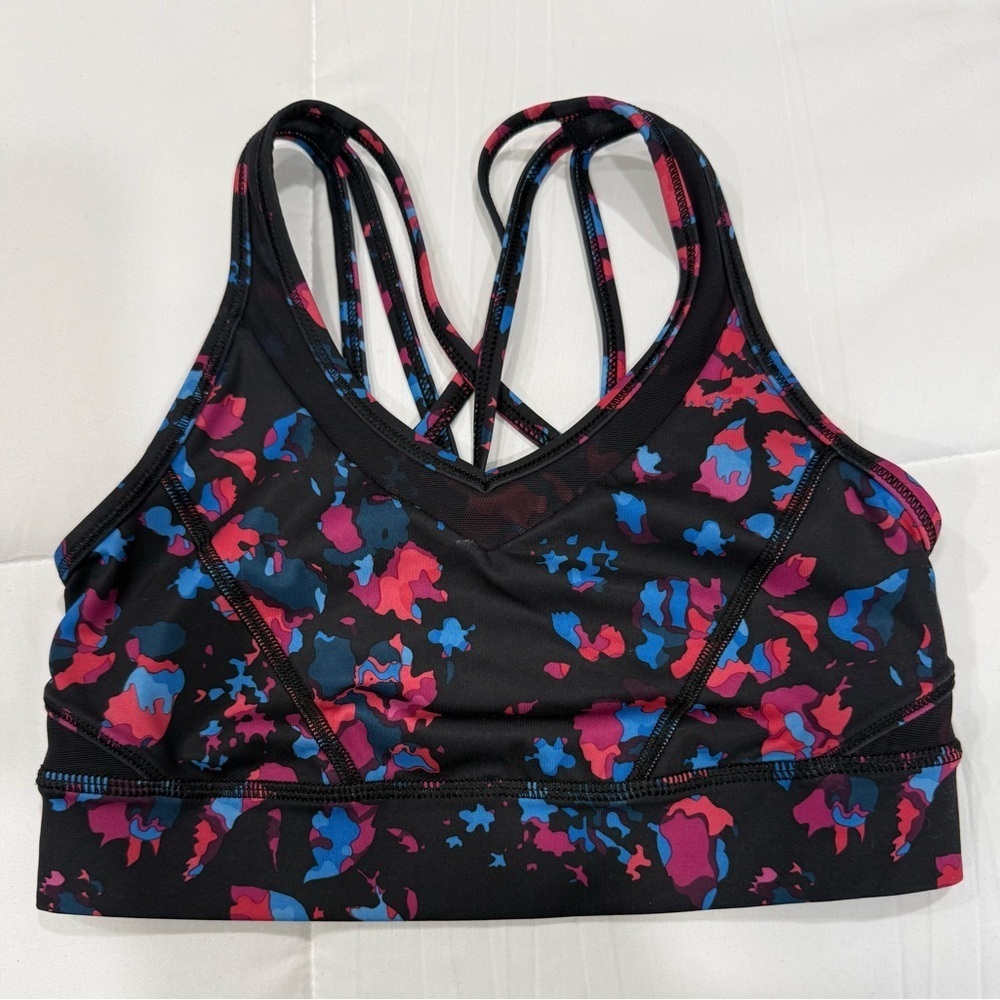 Lululemon Athletica Black Sports Bra with Pink and Blue Pattern